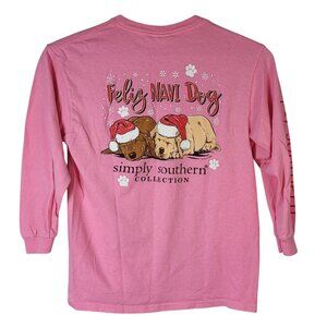 Simply Southern Girls Christmas T Shirt Pink Medium Long Sleeve Feliz Navi Dog